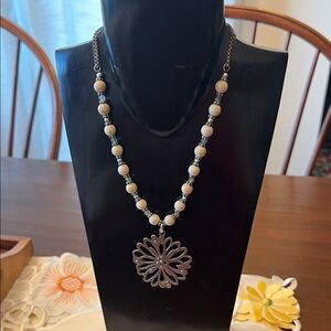Brighton Fleur Sure Beaded Floral Pendant Necklace - Cream Beads